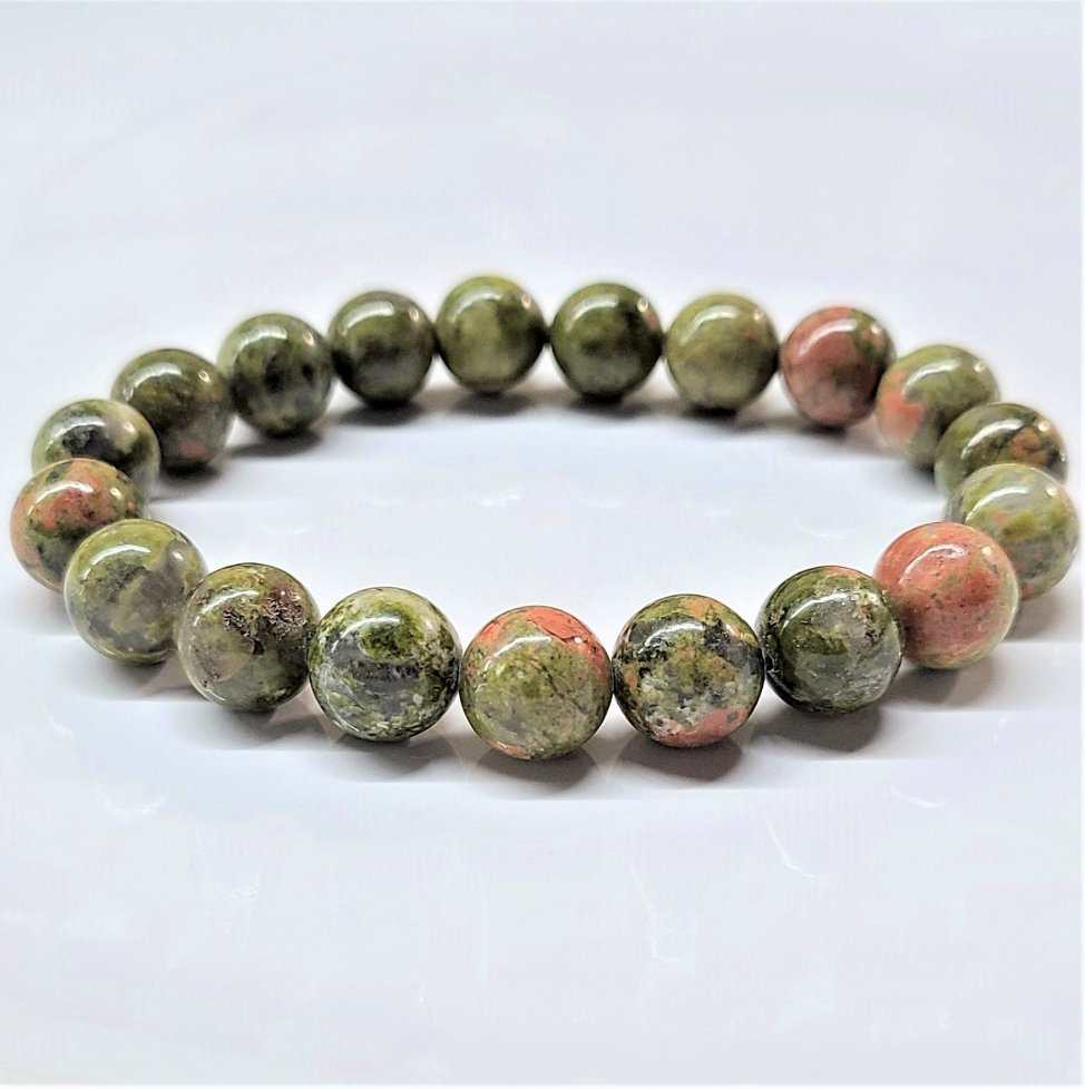 Green and pink unakite round bead bracelet
