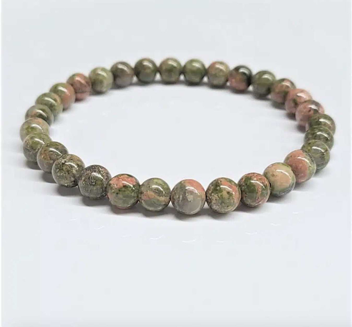 Green and pink unakite round bead bracelet, view 2