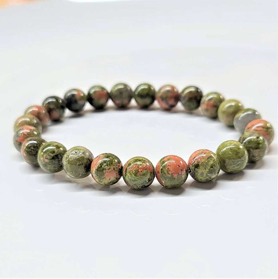 Green and pink unakite round bead bracelet, view 3