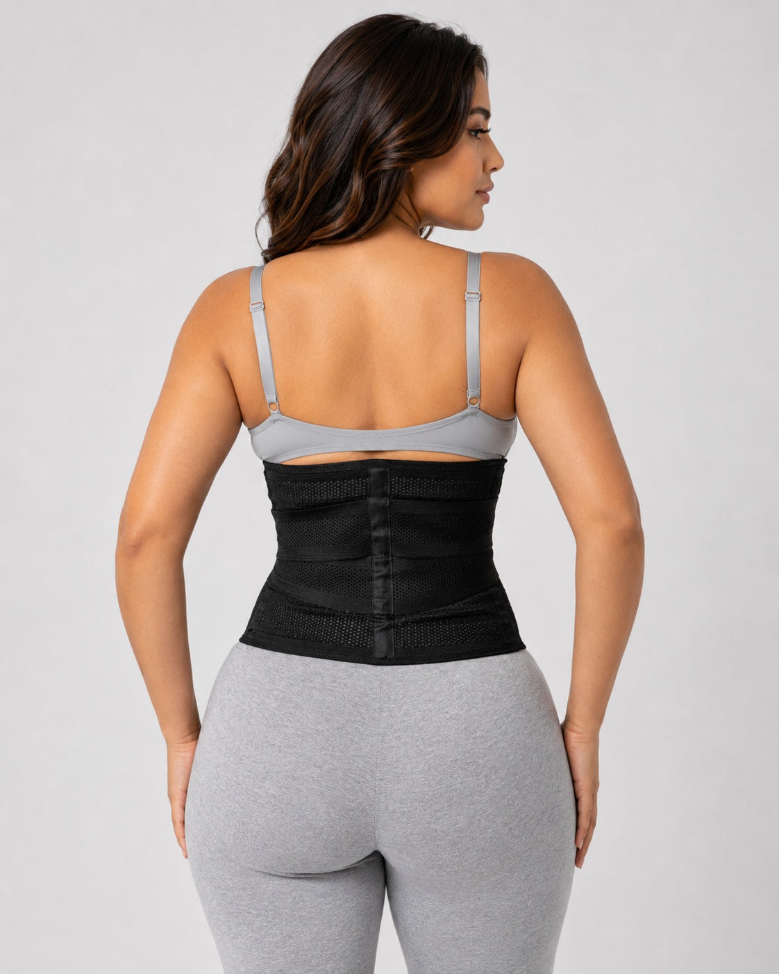 Black dual-layer post-op abdominal wrap with two adjustable outer compression straps, view 2